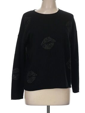 Brodie Cashmere Black Kiss Lips Metallic Print Crew Cashmere Sweater Size Medium